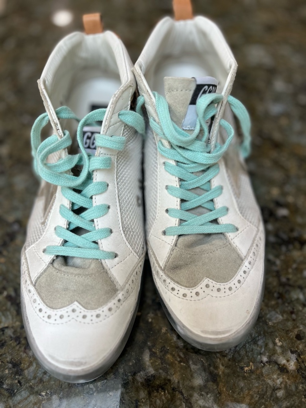 Golden Goose White High-Top Sneakers with Mint Laces